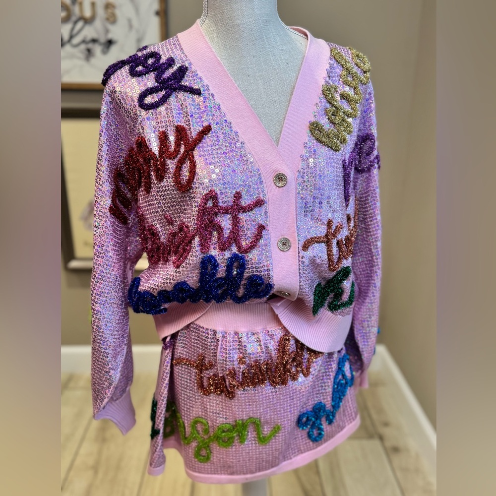 New! QUEEN OF SPARKLES Set! Pink Sequin Holiday Words Cardigan & Skirt Set - Picture 1 of 14